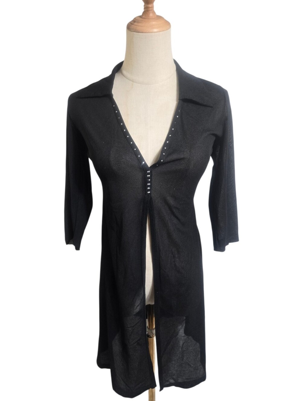 Clone Vintage Sheer Black Long Open Front Dress Or Top with Studded Trim